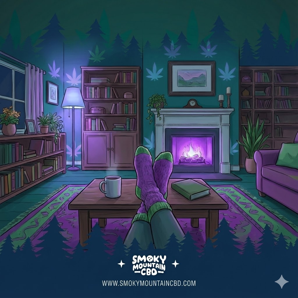 First person perspective of feet resting on a coffee table in a cozy room with soft focus